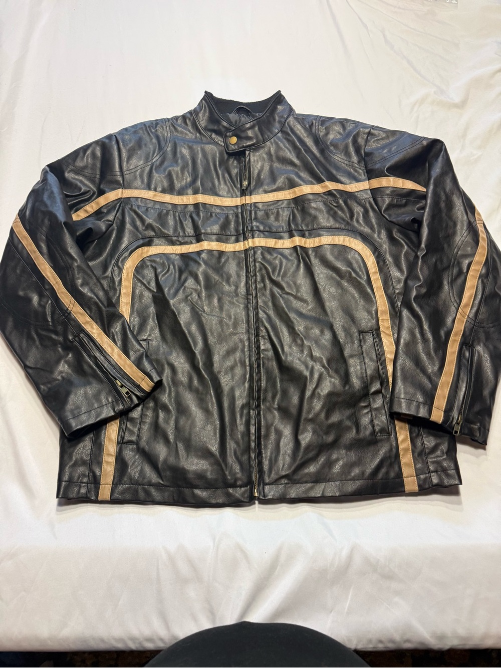 Men's Black Leather Bomber Jacket with Tan Stripe Accents